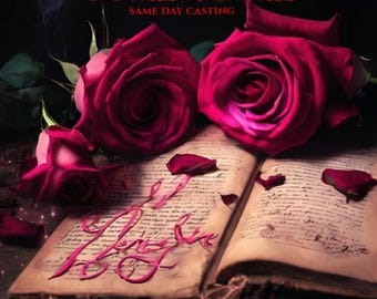 Puede incluir: Imagen romántica con un libro abierto y rosas rojas. El texto "COME TO ME" y "SAME DAY CASTING" están en la parte superior. La palabra "PLEASE" está escrita en el libro. La imagen tiene una estética oscura y romántica.