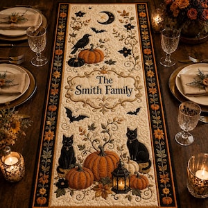 May include: A rectangular quilted table runner featuring a cream background with orange pumpkins, black cats, bats, a crescent moon, and floral borders. The center displays the text The Smith Family in a decorative frame with autumn-themed motifs.