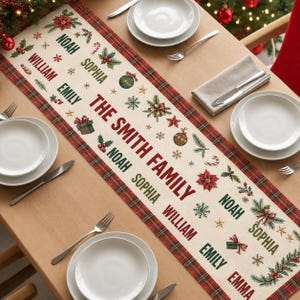 May include: A cream-colored fabric table runner featuring a red and green plaid border. The center displays the text THE SMITH FAMILY in red, surrounded by names like NOAH, SOPHIA, WILLIAM, EMILY, and EMMA, interspersed with Christmas motifs.