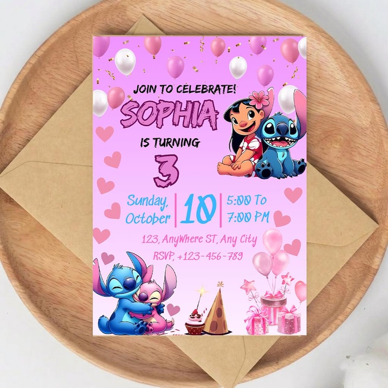 May include: A pink birthday invitation featuring the characters Lilo and Stitch. The invitation includes the text "JOIN TO CELEBRATE! SOPHIA IS TURNING 3" with event details. Balloons and hearts decorate the invitation.