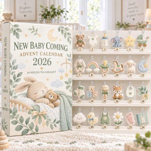 Può includere: Un calendario dell'Avvento New Baby Coming 2026 con 24 scomparti numerati contenenti piccoli ciondoli. La scatola presenta un'illustrazione di un coniglietto e un orsacchiotto che dormono. I ciondoli includono biberon, elefante, stella e cubi.