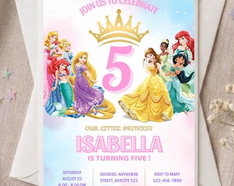 Disney Princess Birthday Invitation with Envelopes, Royal Princess Party Invite, Girls  Birthday Card, Printed Belle Ariel Invitation