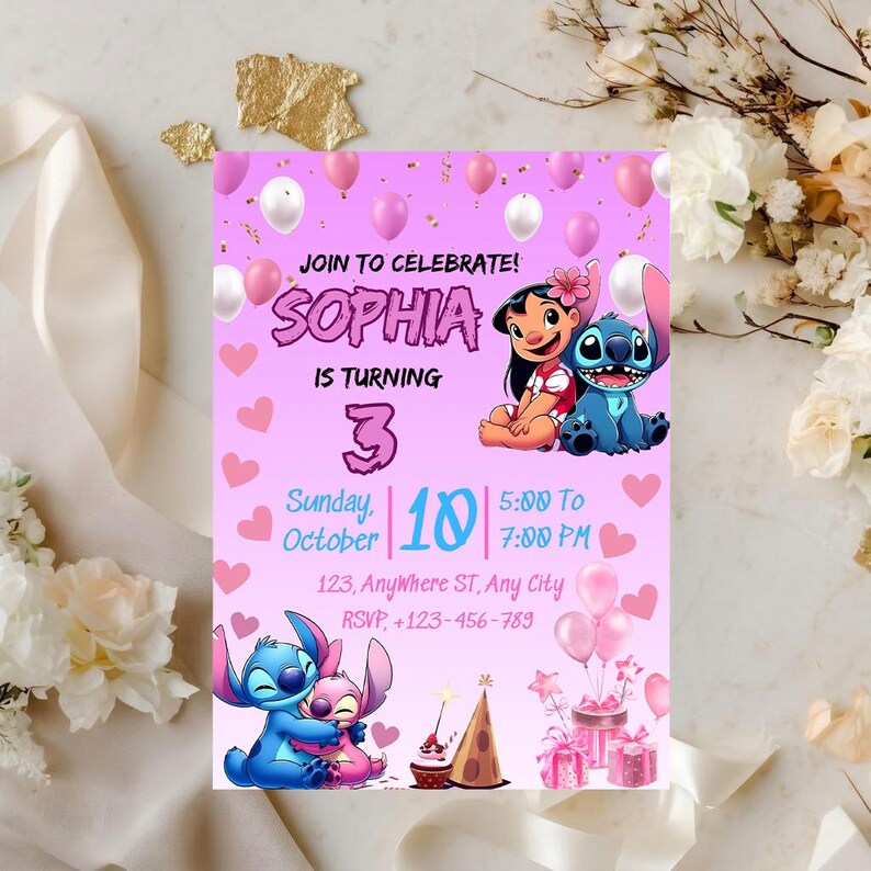 May include: A pink birthday invitation featuring the text "JOIN TO CELEBRATE! SOPHIA IS TURNING 3". The invitation includes illustrations of Lilo and Stitch, pink balloons, and hearts. The date and time of the party are also included.