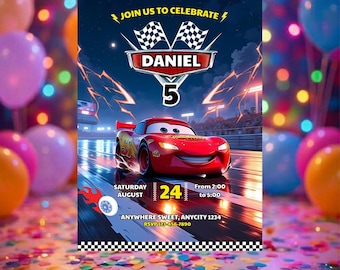 Disney Cars Birthday Invitation with Envelopes, Lightning McQueen Party Invite, Boys  Birthday Card, Printed  Car Invitation