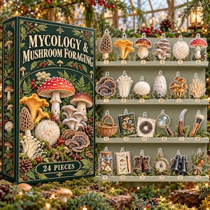 May include: A 24-piece Mycology & Mushroom Foraging advent calendar set featuring a dark green box with botanical illustrations and a display shelf holding 24 individual acrylic ornaments depicting various mushrooms and foraging tools.