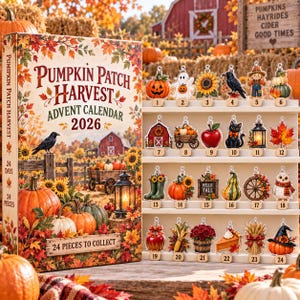 Może przedstawiać: Kalendarz adwentowy Pumpkin Patch Harvest 2026 z jesienną sceną wiejską oraz biała półka ekspozycyjna z 24 numerowanymi akrylowymi ozdobami o jesiennej tematyce, takimi jak liście, zwierzęta i jedzenie.