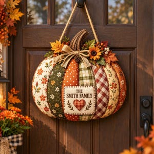 May include: A fabric pumpkin door hanger featuring alternating panels of floral, polka dot, plaid, and gingham patterns in autumn colors. A central cream-colored patch displays the text THE SMITH FAMILY above a small red plaid heart.