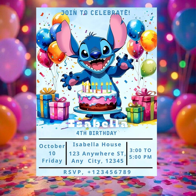 K&ouml;nnte beinhalten: Eine Geburtstagseinladung mit einer blauen Cartoonfigur, die einen Kuchen mit Kerzen h&auml;lt. Die Einladung enth&auml;lt den Text "JOIN TO CELEBRATE!" und Details f&uuml;r Isabellas 4. Geburtstag, einschlie&szlig;lich Datum, Uhrzeit und Ort.