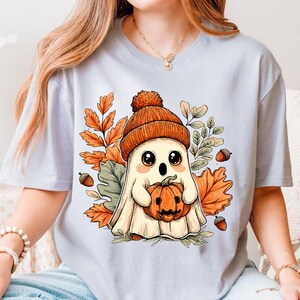 Cute Fall Ghost PNG – Autumn Ghost with Pumpkin Sublimation Design, Cozy Halloween Clipart, Digital Download