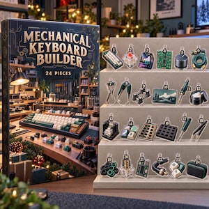 May include: A Mechanical Keyboard Builder advent calendar box featuring 24 pieces, displayed alongside a tiered stand holding 24 numbered acrylic ornaments. Each ornament depicts a keyboard component, including switches, keycaps, tools, and cables.
