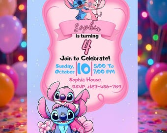 Disney Stitch Birthday Invitation with Envelopes, Pink Angel Stitch Party Invite, Girls  Birthday Card, Printed Cute Couple Invitation