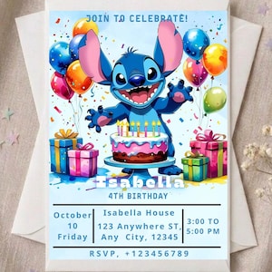 K&ouml;nnte beinhalten: Eine Geburtstagseinladung mit einer blauen Cartoonfigur, Luftballons und Geschenken. Die Einladung lautet "JOIN TO CELEBRATE!" und enth&auml;lt Party-Details f&uuml;r einen 4. Geburtstag mit dem Namen "Isabella".