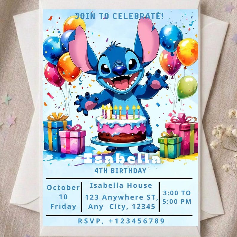 K&ouml;nnte beinhalten: Eine Geburtstagseinladung mit einer blauen Cartoonfigur, Luftballons und Geschenken. Die Einladung lautet "JOIN TO CELEBRATE!" und enth&auml;lt Party-Details f&uuml;r einen 4. Geburtstag mit dem Namen "Isabella".