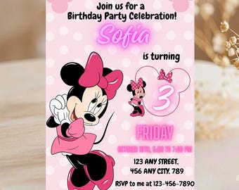 Minnie Mouse Birthday Invitation, Pink Minnie Birthday Party Invite, Personalized Birthday Card, Custom Girls Birthday Invitation