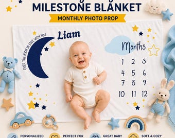 Personalized Moon and Stars Milestone Blanket, Baby Boy Monthly Photo Prop, Custom Name Velveteen Plush Blanket, Baby Shower Gift