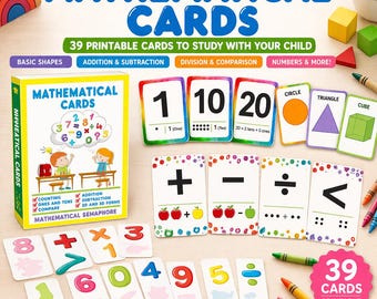 Printable Math Flashcards, 39 Educational Cards for Kids, Counting Shapes Addition Subtraction (PDF File)