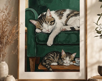 Sleeping Kittens Oil Painting Wall Art Print, Cozy Vintage Cat Decor (Instant Download)
