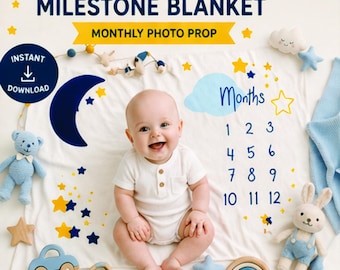 Baby Boy Milestone Blanket, Monthly Photo Prop, Moon Stars Theme (Digital Download)