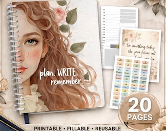 Floral Girl Portrait Planner PDF, Fillable Printable, Sticker Sheet, 20 Pages, 7x10