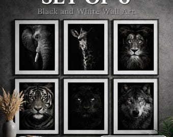 Set of 6 Black and White Wildlife Prints, Modern Dark Animal Wall Art