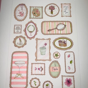 May include: A sheet of illustrated stickers with a vintage design. The stickers depict various images, such as flowers, a palette, a bouquet, a mirror, a cocktail glass, and the word "Popular". The colour scheme includes pink, green, and brown.