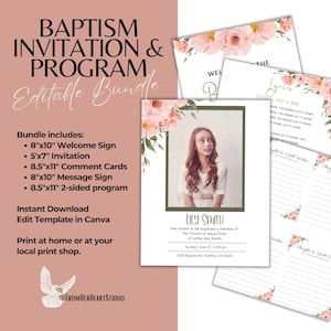 May include: A baptism invitation and programme bundle featuring floral accents in shades of pink and green. The set includes an 8x10 welcome sign, 5x7 invitation, 8.5x11 comment cards, 8x10 message sign, and an 8.5x11 two-sided programme template.