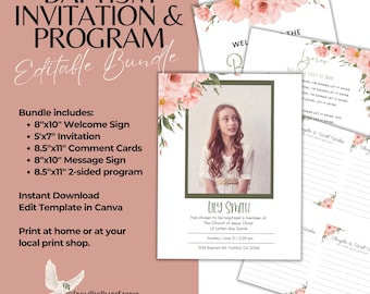 LDS Baptism Program Digital Download Bundle Editable Canva Template Floral Invitation Girl Baptism Celebration Welcome Sign Printable