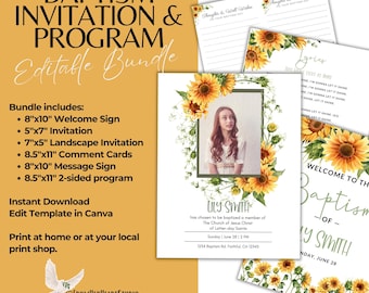 Girl Sunflower Baptism Invite Program Bundle LDS Primary Invitation Personalized Welcome Sign Canva Template Fully Editable Instant Download