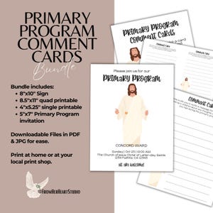 Könnte beinhalten: Ein Primary Program Comment Cards-Set mit druckbaren Dokumenten und Jesus-Illustrationen. Das Paket enthält ein 20,32x25,4 cm Schild, ein 21,59x27,94 cm Quad-Druckblatt, ein 10,16x13,34 cm Einzelblatt und eine 12,7x17,78 cm Einladung mit Text.