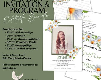 LDS Baptism Bundle Template Customized Invitation Program Instant Download Template Canva Editable Baptism Invite Girl Floral Digital Bundle