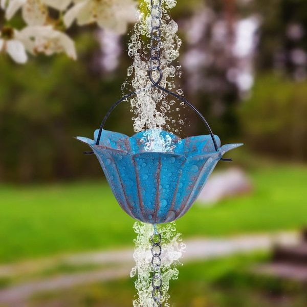 Hummingbird Rain Chain: Antique Blue Metal Garden Downspout (2.4M)