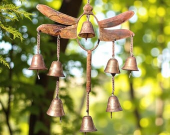 Dragonfly Wind Chime with Bells: Rustic Metal Garden Decor