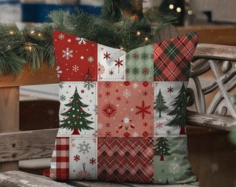 Cojín de patchwork con decoración navideña, cojín cuadrado con acento navideño, decoración navideña de estilo rústico, cojín navideño vintage, cojín para sofá de invierno.