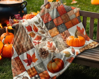 Fall Pumpkin Patchwork Velveteen Plush Blanket, Soft Autumn fleece throw, Fall Aesthetic home decor, fall foliage sofa throw, Accent Blanket