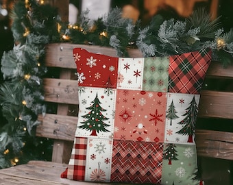 Christmas Decor Patchwork Throw Pillow, Square Holiday Accent Pillow, Farm house Christmas Decor, Vintage Holiday Pillow, Winter Sofa Pillow
