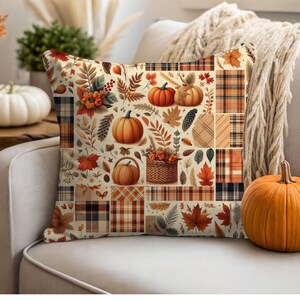 Fall Plaid Pumpkin Patchwork Throw Pillow, Fall Home Decor, Thanksgiving Accent Pillow, Autumn decor sofa pillows, Accent pillows for fall