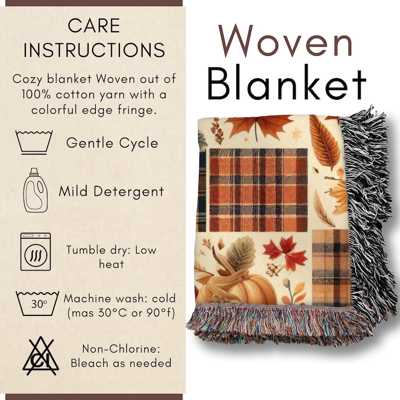 May include: Woven blanket with a fall theme. The blanket features a patchwork design with pumpkins, leaves, and plaid patterns in shades of orange, brown, and cream. It has a colorful fringe and care instructions.