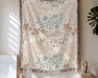 Boho Floral Woven Blanket, Floral Throw Blanket, Gift for Mom, Tapestry Blanket, Pastel Floral Throw, Couch Throw Blanket, Girls Blanket