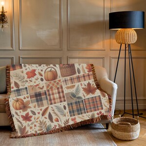 Fall Plaid Patchwork Woven Throw Blanket, Fall Pumpkin Blanket, Cozy Fall Blanket, Plaid Sofa Throw, Fall Aesthetic Home Decor, Rustic Fall image 5