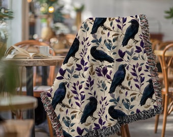 Vintage Floral Ravens Woven Blanket, Fall Home Decor Blankets, Crows and flowers throw blanket, Halloween decor, gothic throw blanket