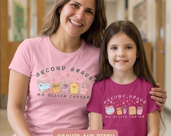 Custom Back to School Teacher Shirt, Personalized Second Grade Teacher Tee, Matching Student Adult Youth Shirt, School Supplies Doodle Tee
