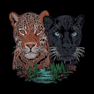 May include: An embroidered graphic featuring a spotted orange jaguar and a black panther side by side. Below the big cats, a stylized forest of green pine trees surrounds a winding blue river, all rendered in fine thread lines on a black background.