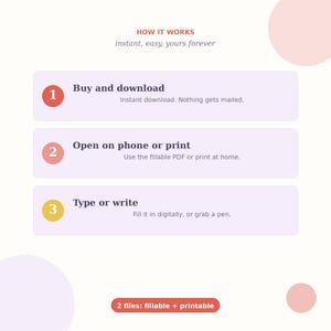 May include: An instructional graphic titled HOW IT WORKS with three steps: 1. Buy and download, 2. Open on phone or print, and 3. Type or write. The text includes details about instant downloads, fillable PDFs, and printing. A label reads 2 files: fillable + printable.