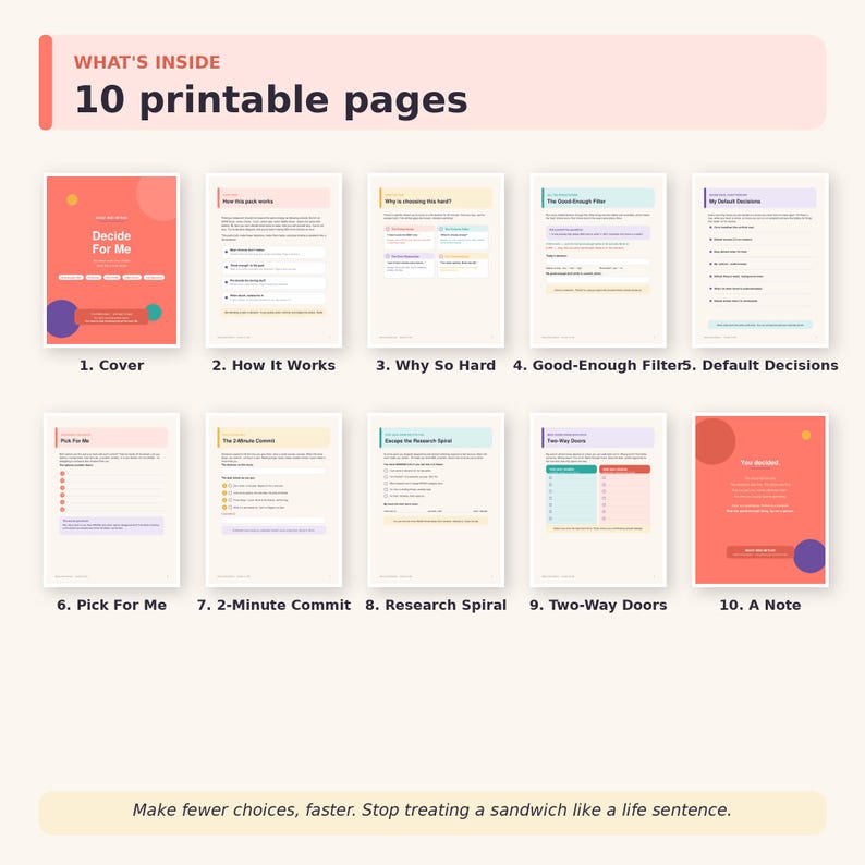 May include: A set of 10 printable pages titled Decide For Me, featuring a cover, instructions, and decision-making worksheets. The pages include sections like How It Works, Good-Enough Filter, and Two-Way Doors, with text: Make fewer choices, faster.