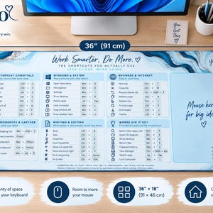 May include: A rectangular desk mat measuring 91 cm by 46 cm with a blue and white marble pattern. It features printed Windows keyboard shortcuts categorised by function, including text that reads Work Smarter, Do More and Mouse here for big ideas.