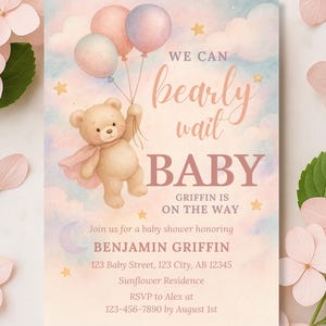 Invito per baby shower a tema orsetto, invito con palloncino rosa e blu, invito per neonato unisex, tema per cameretta orsetto, cielo, stelle e nuvole