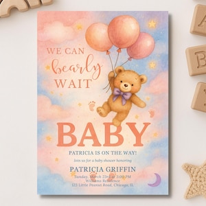 Uitnodiging babyshower teddybeer, roze en paarse ballonnen, aquarel baby uitnodigen, thema schattige beer kwekerij, sterrenhemel baby nodigt