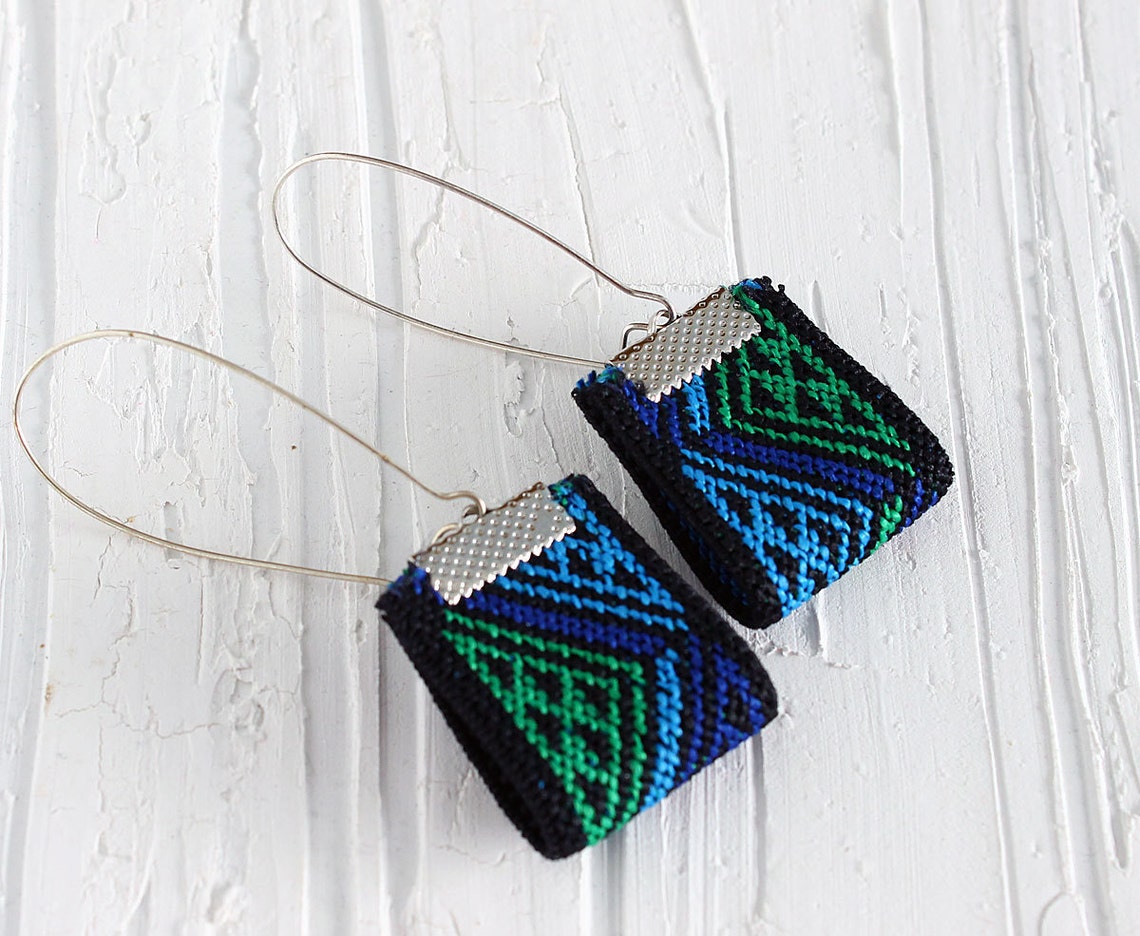 Blue Fabric Long Earrings Boho Earrings Embroidered Etsy