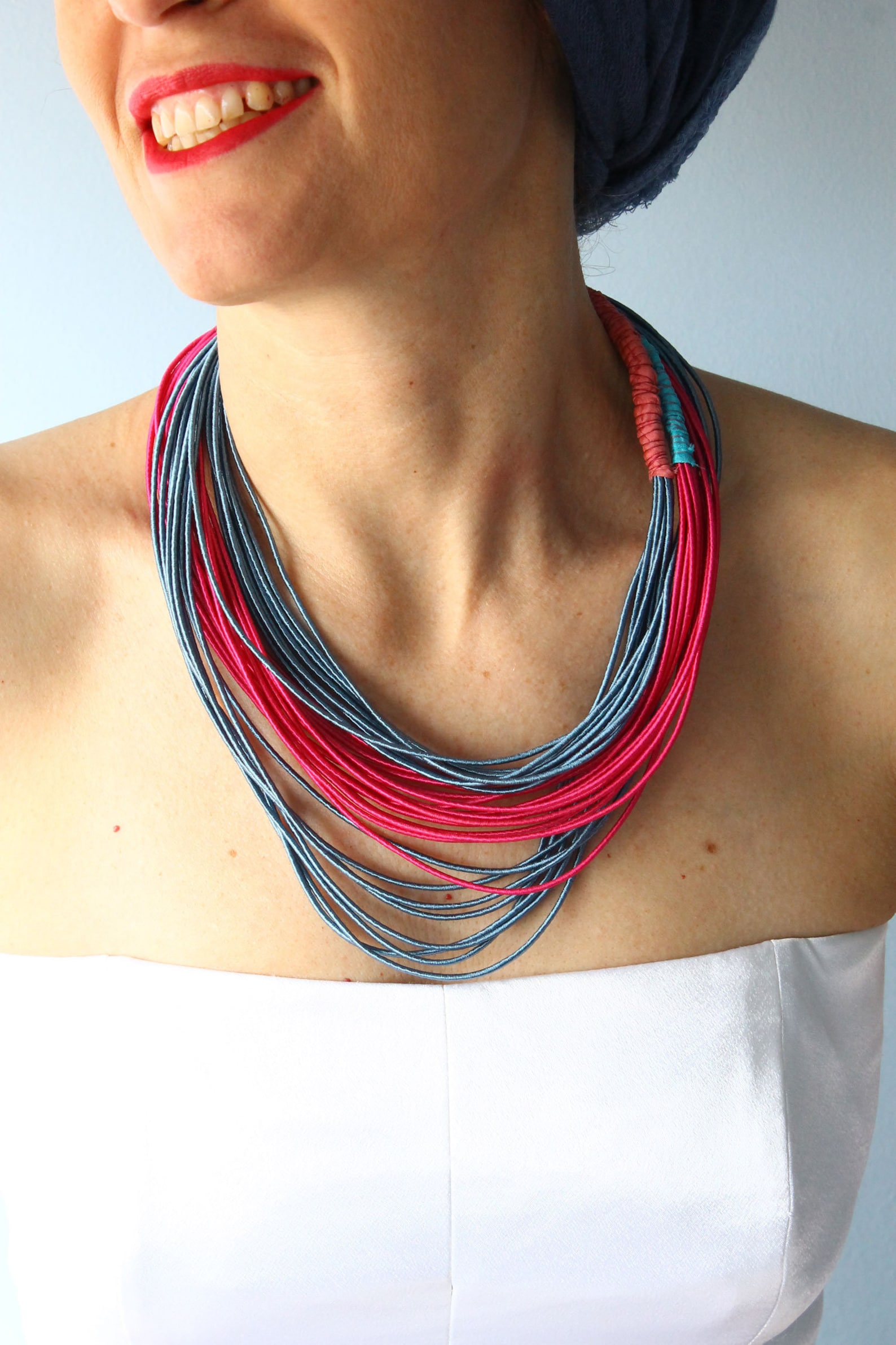 Fabric Necklaces Set of Two Silk Cord Necklaces Blue and Etsy