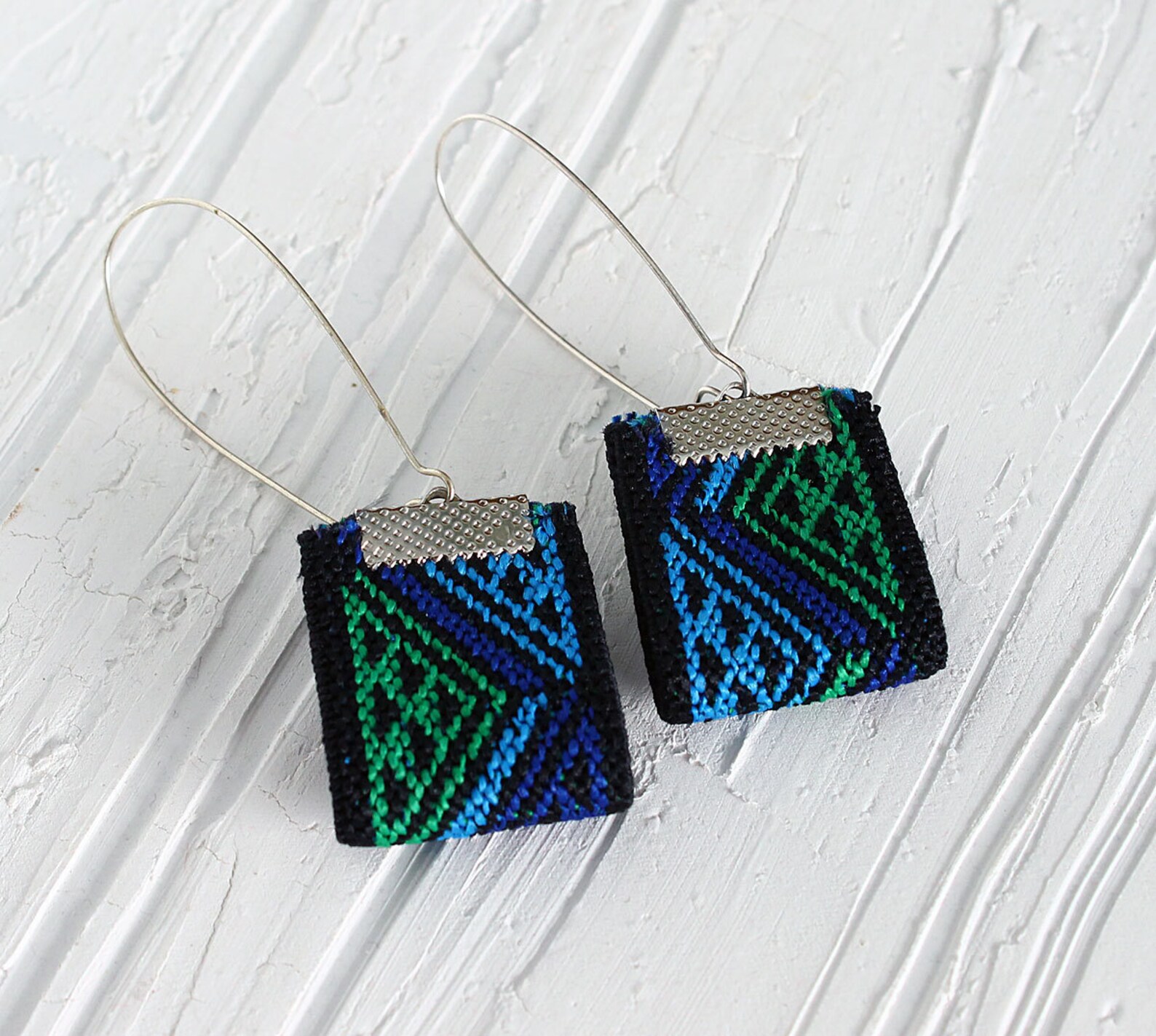 Blue Fabric Long Earrings Boho Earrings Embroidered Etsy